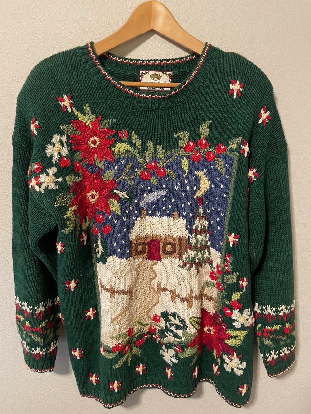 Vintage Tiara International Sweater Womens Large Green Floral Christmas 1998